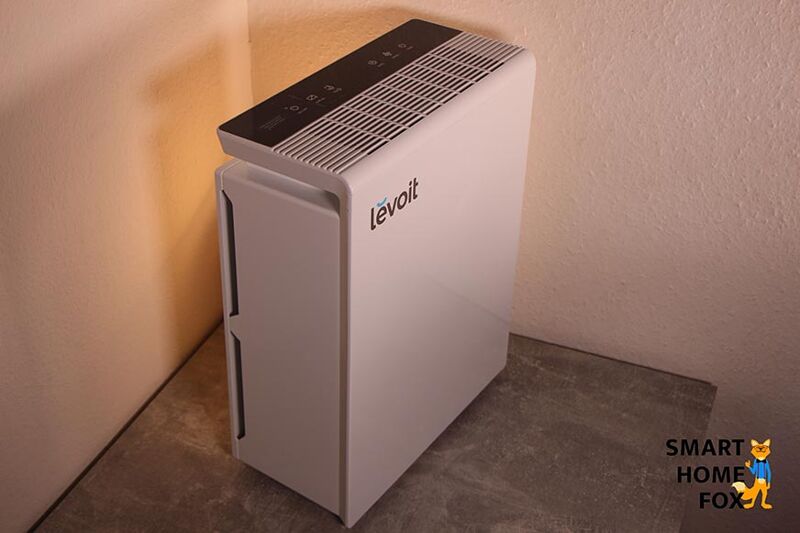 Der Levoit LV-PUR131s Luftreiniger steht auf einem Tisch vor einer weißen Wand.